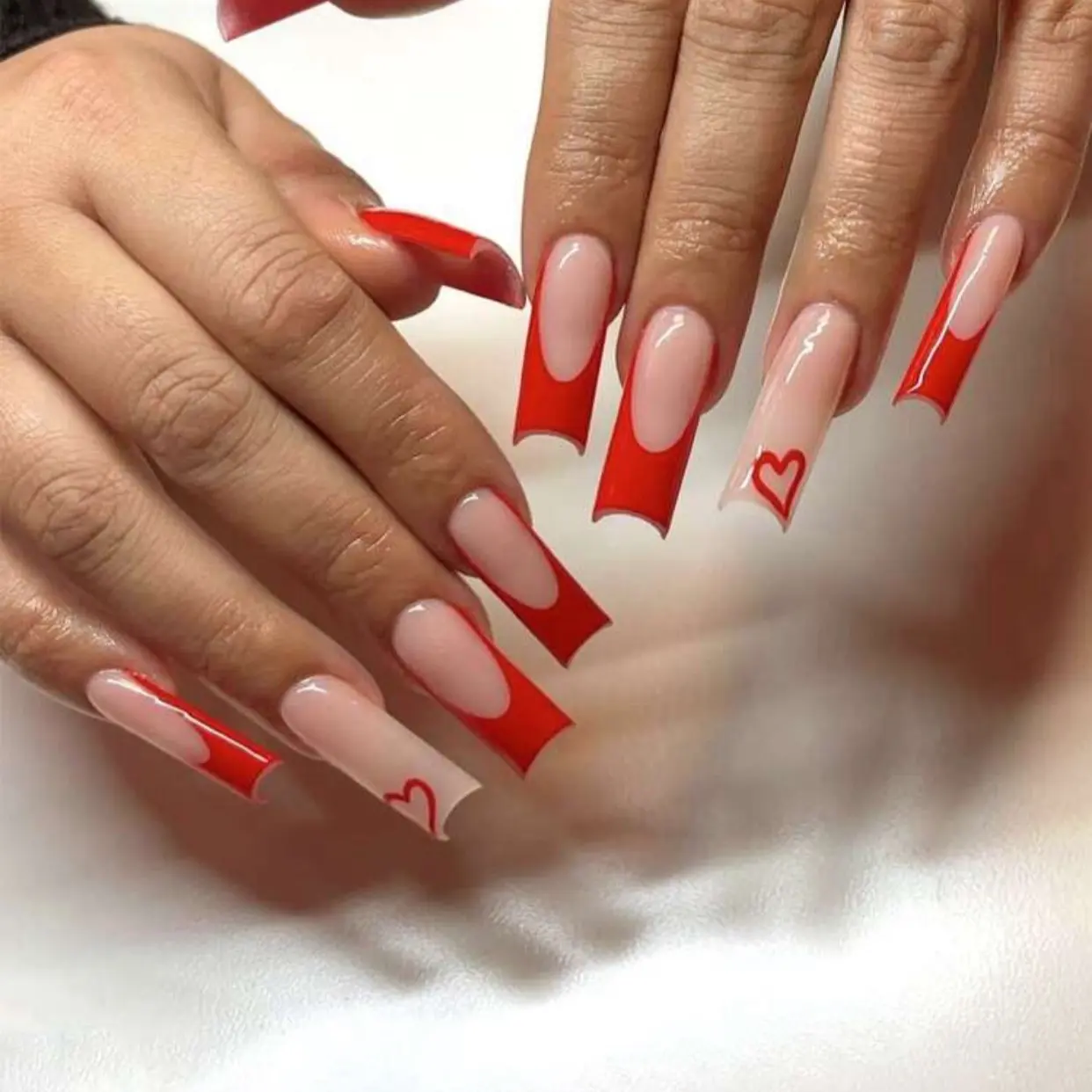 24pcs Long Square Red French Style Heart Pattern Simple Wearable False Nails With 1pc Nail File And 1pc Jelly Gel
