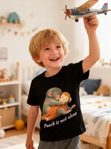 Monkey Punch Graphic Baby Monkey Holding Plush Toy Punch Monkey Print Short Sleeve Top, Punch Team Print Suitable for Boys and Girls, Summer Casual Kids Clothing