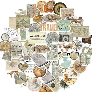 Vintage Travel Themed Sticker, 50pcs/set Aesthetic Retro Clocks Watches Map Vinyl Decals, Travel World Sticker for DIY Laptops Computer Guitar Journal