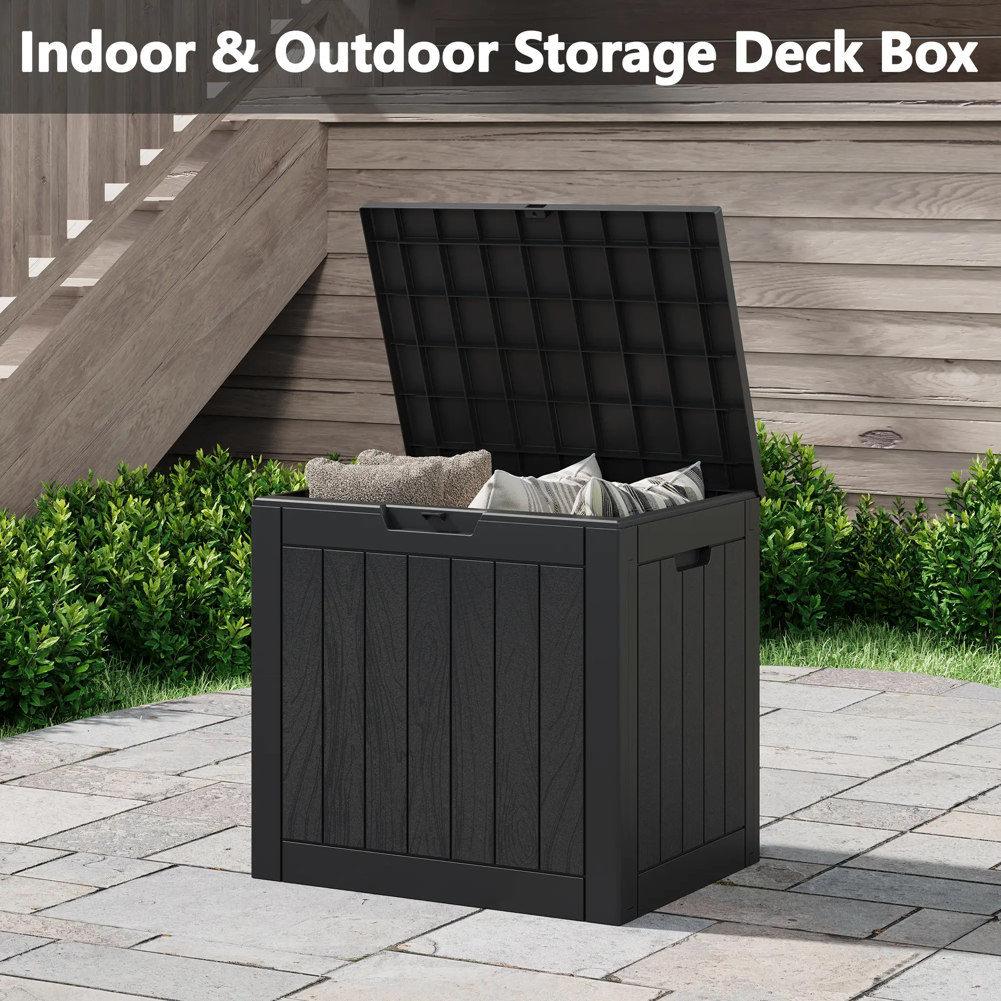 RIWENGO 35 Gal Outdoor Storage Bench, Waterproof Resin Deck Box with Lockable Lid, Multi-Functional Patio Side Table for Garden Tools & Pool Accessories