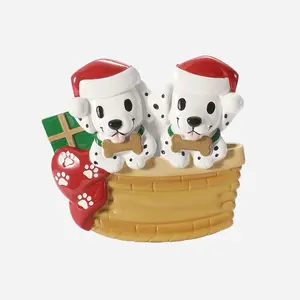 Ceramic Dog Family Christmas Ornament Adorable Puppies in Santa Hats with Gift Box & Bone Charm Decorative Figurine Personalizable Holiday Decor