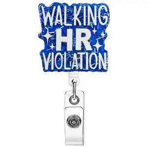 A design with humorous text, a blue glitter main body, Badge Reels Retractable, equipped with telescopic structure and metal clip, which can be used to hang work badges and is suitable for adding a fun atmosphere in the workplace, Retractable Badge Scroll