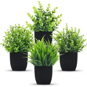 4 Pack Small Artificial Mini Faux Plants Indoor Black Bathroom Accessories for Room Home Office Shelf Decor