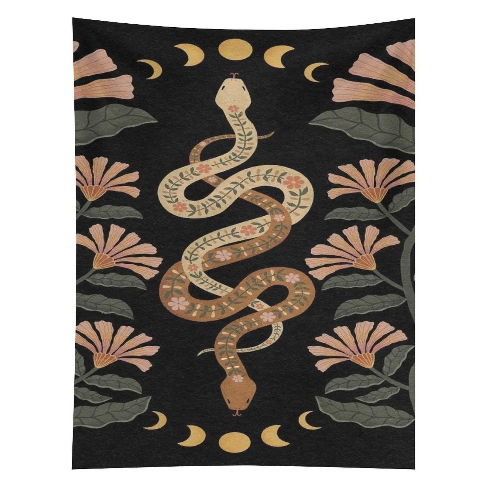 Floral Snake Moon Phase Tapestry Witchy Botanical Serpent Wall Hanging Decor