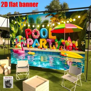 Tropical POOL party background banner, Hawaiian green palm trees, swimming pool, inflatable pool toys and beach umbrellas, made of polyester material, suitable for summer birthday party decoration, photo booth background, indoor/outdoor decoration