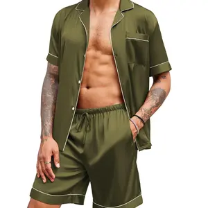 Ekouaer Mens Satin Pajamas Set Button-Down Short Sleeve Shirt Top Soft Silk Sleepwear Loose Pocket Pant Loungewear