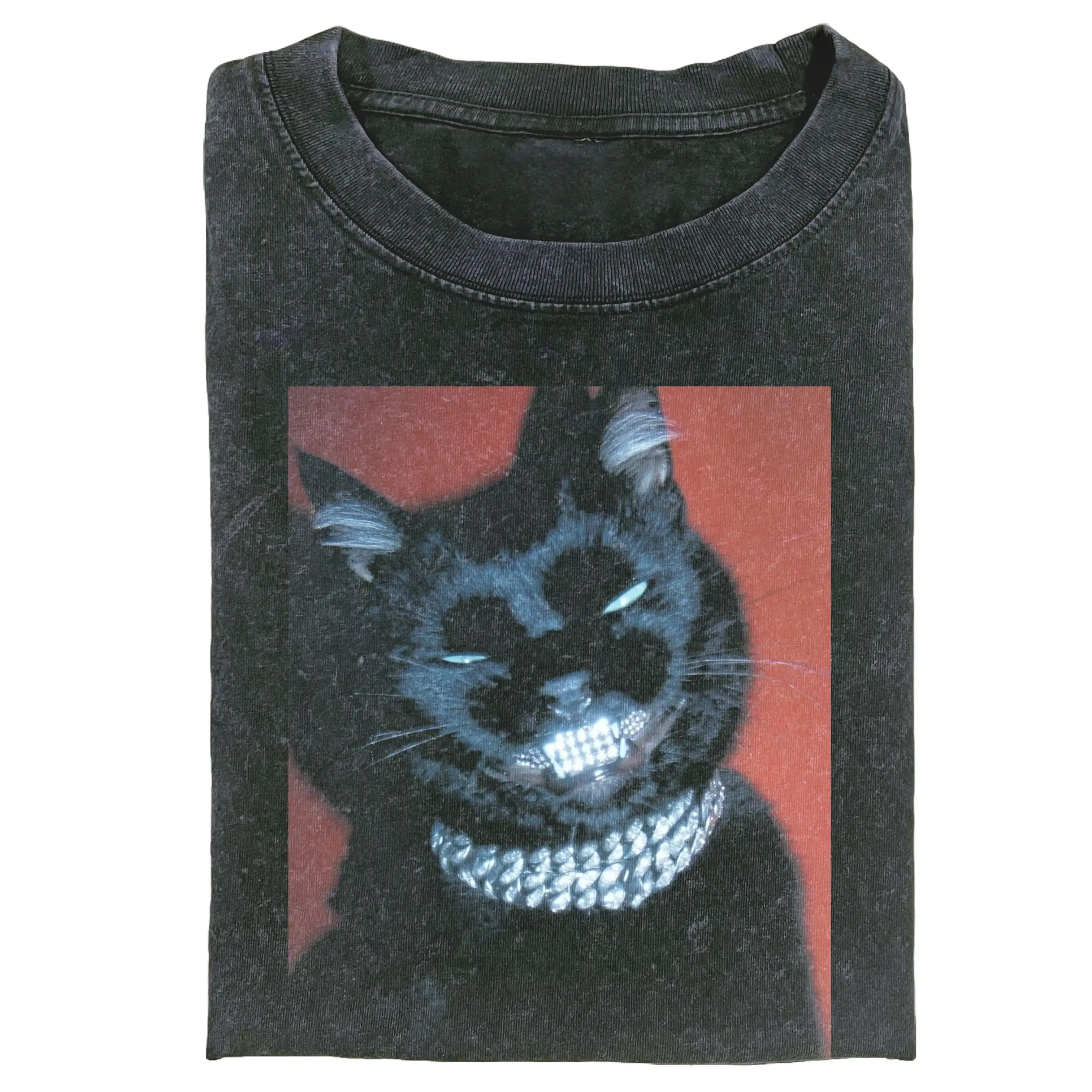 Women's Vintage Retro Cat Portrait Cotton Ribbed Round Neck Tee - Casual Unisex Oversized Fit Streetwear Top, Funny Meme Design 110809