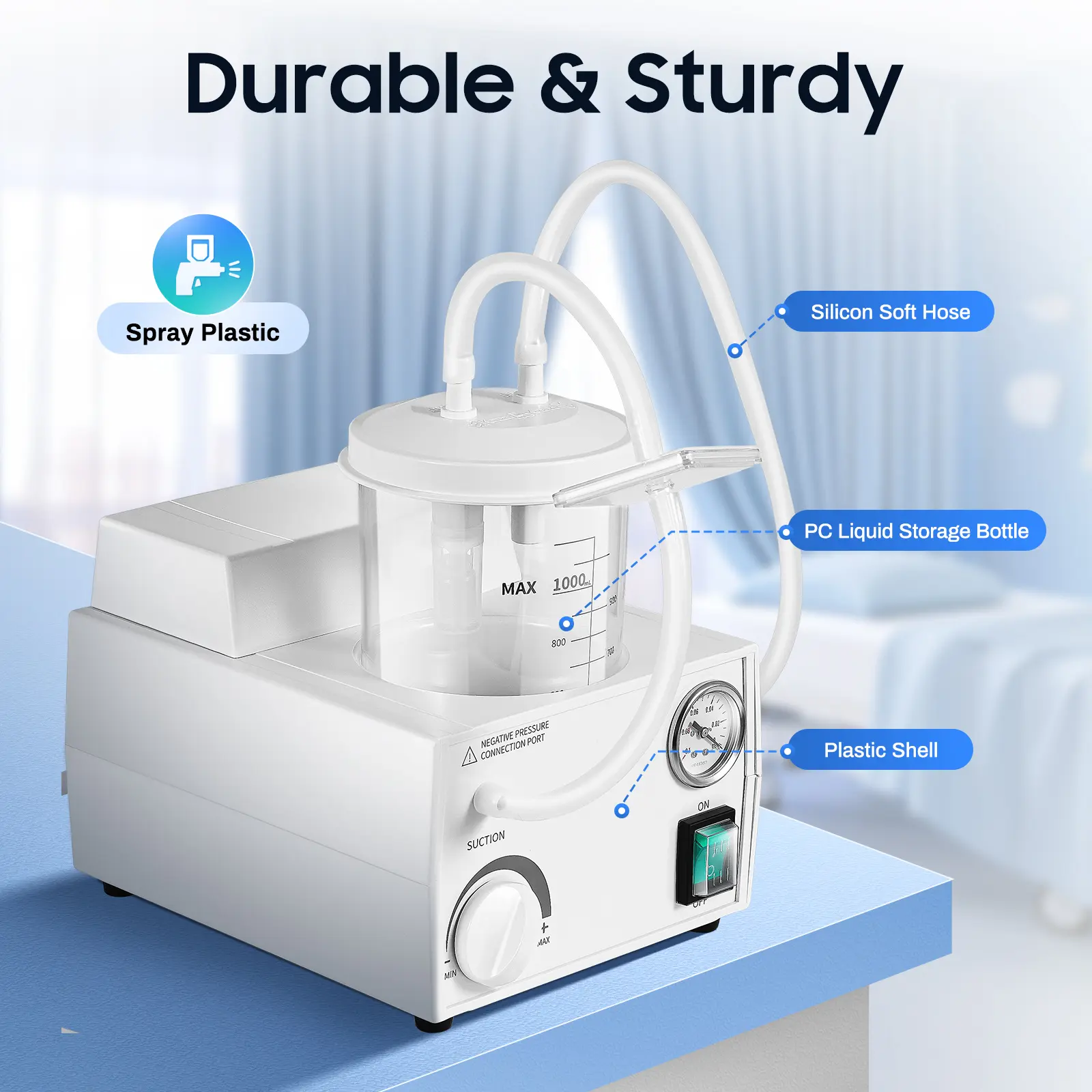 Portable Phlegm Suction Unit for Home Care, 110V 1000mL Plastic Medical Aspirator with Adjustable Pressure, Quiet Operation, Antibacterial Dental Cleaner - 0.2-0.7bar, 3.55kg, 19*23.5*27.5cm/7.48*9.25*10.82inch for Elderly Patients