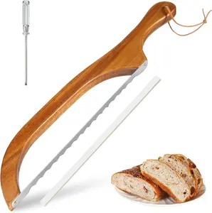 [New Deal 2026] Wooden Bread Bow Knife, 16" Serrated Sourdough Cutter, Premium Stainless Steel Serrated Saw Bread Cutter, Bread Slicer, Bagel Slicer Knife for Homemade Bread, Bagels, Baguettes, Rustic Loaves