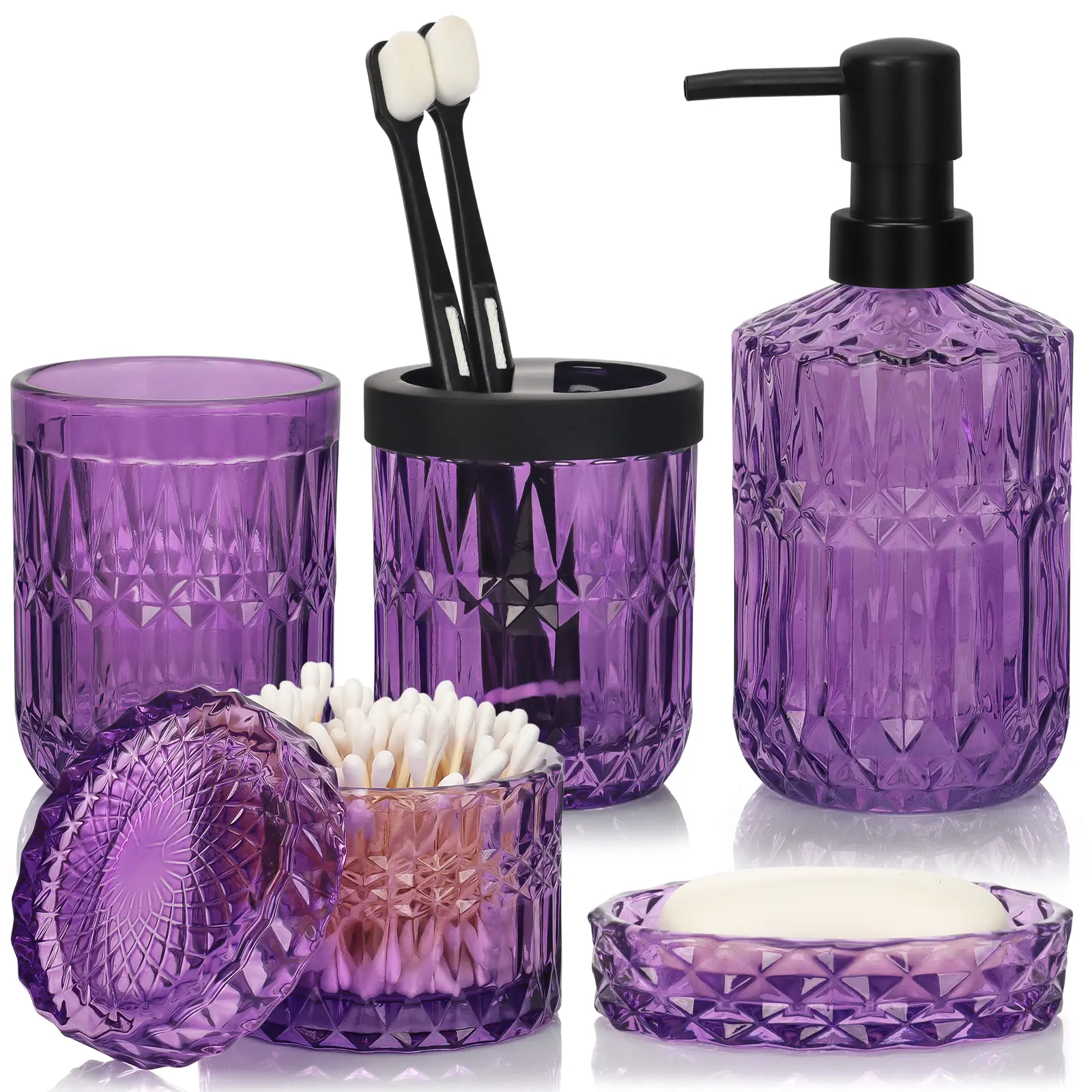 Bathroom Accessories Set, 5Pcs Bathroom Soap Dispenser Set, Glass Bathroom Accessories with Glass Soap Dispenser, Soap Dish, Toothbrush Holder, Tumbler, Cotton Swab Jar (Purple)