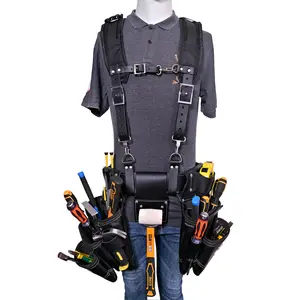 Rig Gears Leather Tool Belt with Suspender Detachable D Loop Adjustable Padded Suspender Full Grain Leather Work Belt for Construction with Nail Pouch & Hammer Holder