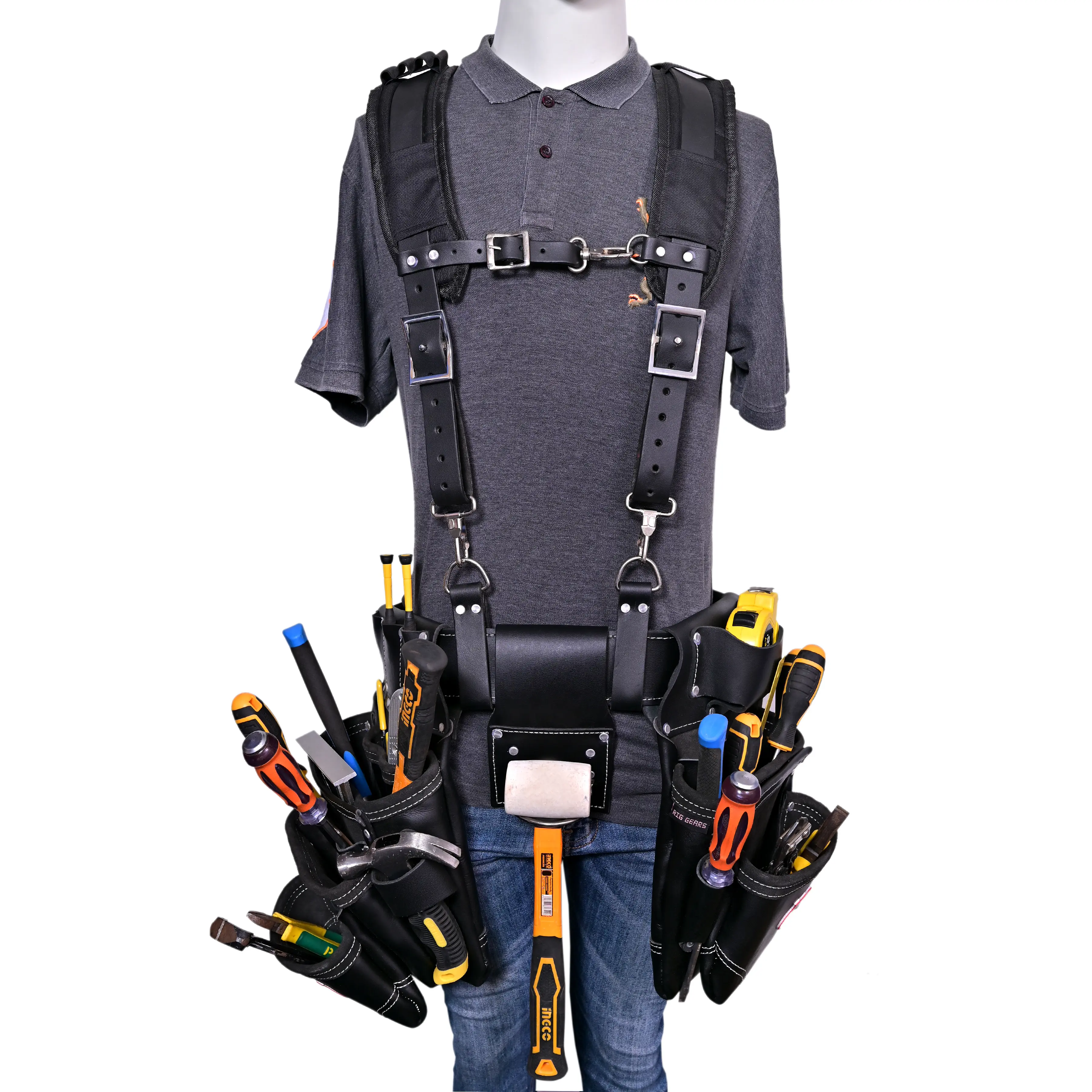 Rig Gears Heavy Duty Full Grain Leather Work Belt, Detachable D-Loop, Adjustable Comfortable Padded Suspenders, Nail Pouch & Hammer Holder for Construction, Plumbing, Framing, Carpentry
