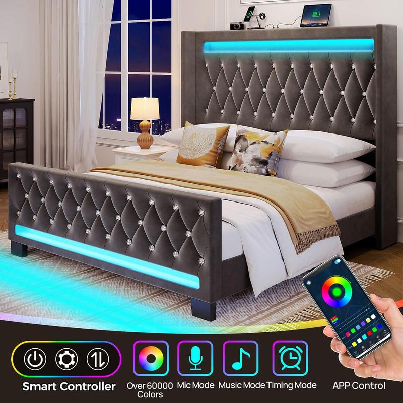 Queen Bed Frame with LED Light and Charging Station, Upholstered High Headboard and Footboard, Wood Slats, Noise Free, Easy Assembly, Grey
