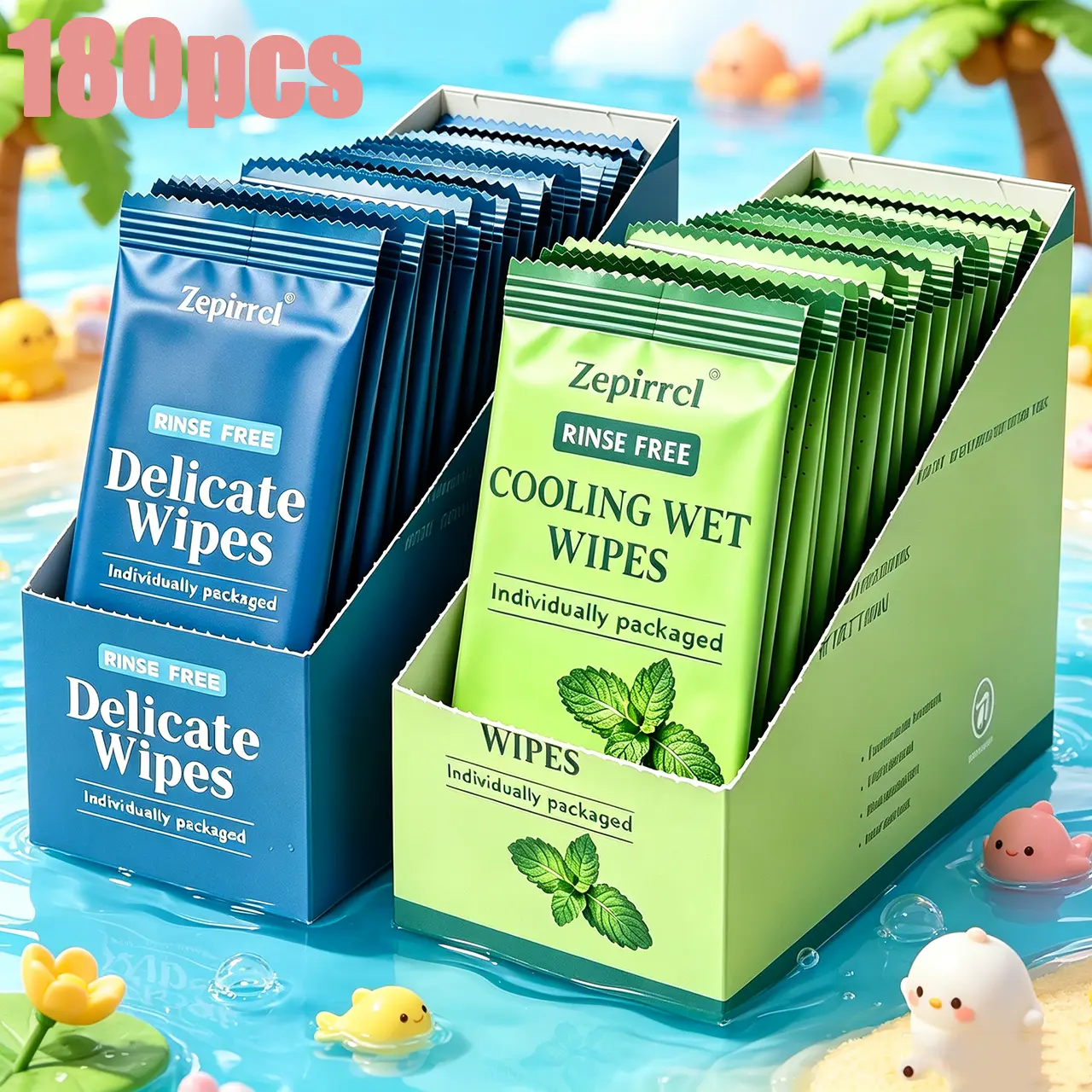 180PCS Summer Ice-Cool Wet Wipes Combo, Individually Wrapped, Disposable & Portable Cleaning Wipes. Ideal for home, outdoor trips, camping, driving, dating and daily use. Size: 20*15cm, 60 pieces per box.