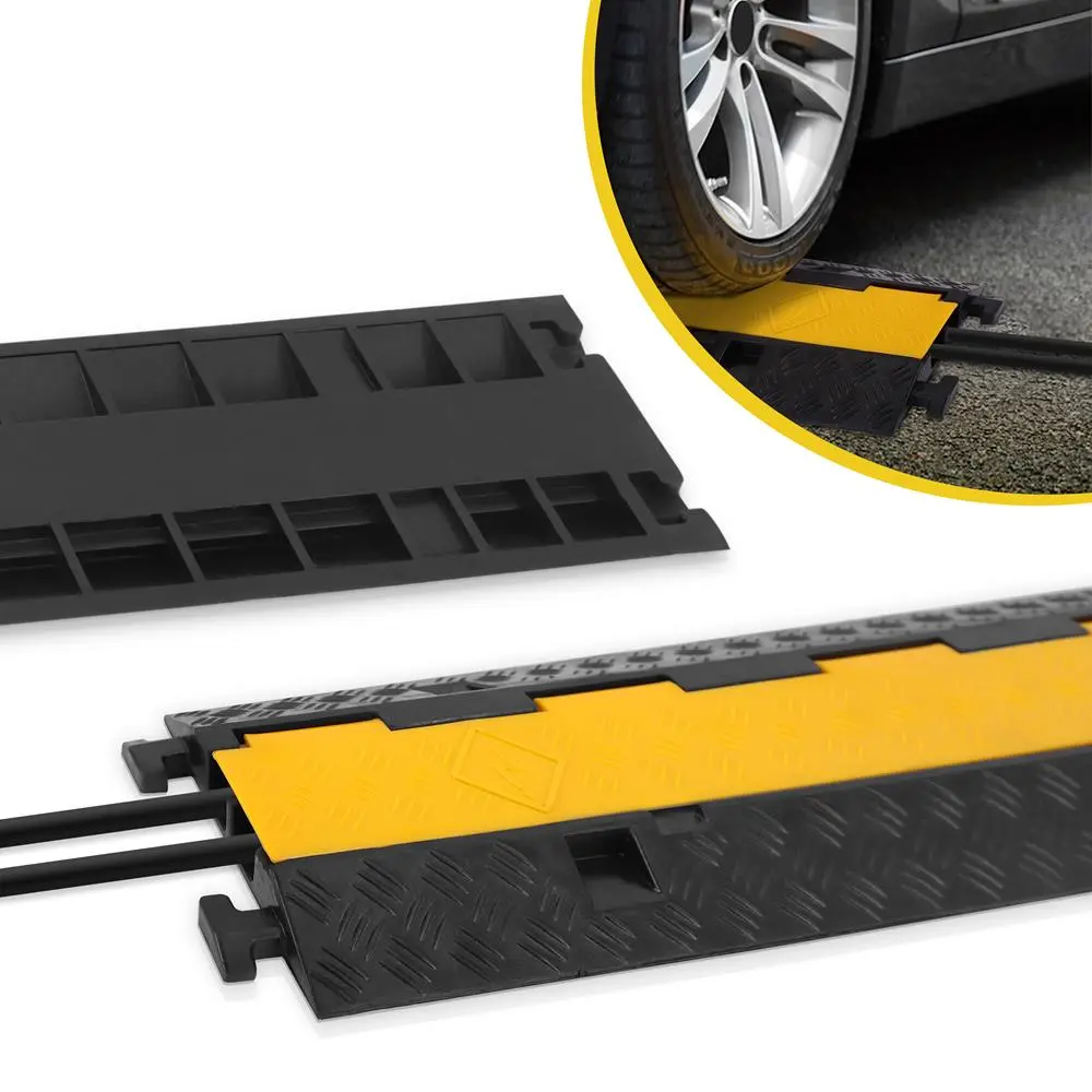 Pyle Extra Rugged Polyethylene Floor Cable Ramp Protector, 2,000 lb. Max Load Capacity, 2-Channel Groove Design, Anti-Slip Textured Surface, Flip-Open Top, Interlocking, Yellow for Extension Cords, Network Cables (Warehouses, Stores)
