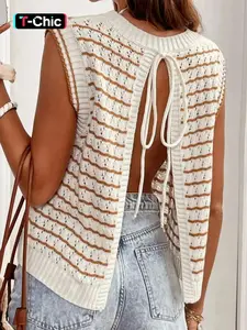 Women's Striped Pattern Fitted Sweater Vest, Casual Sleeveless Backless Knitwear for Summer, Fashion Women's Knit Clothing for Daily Wear, Womenswear