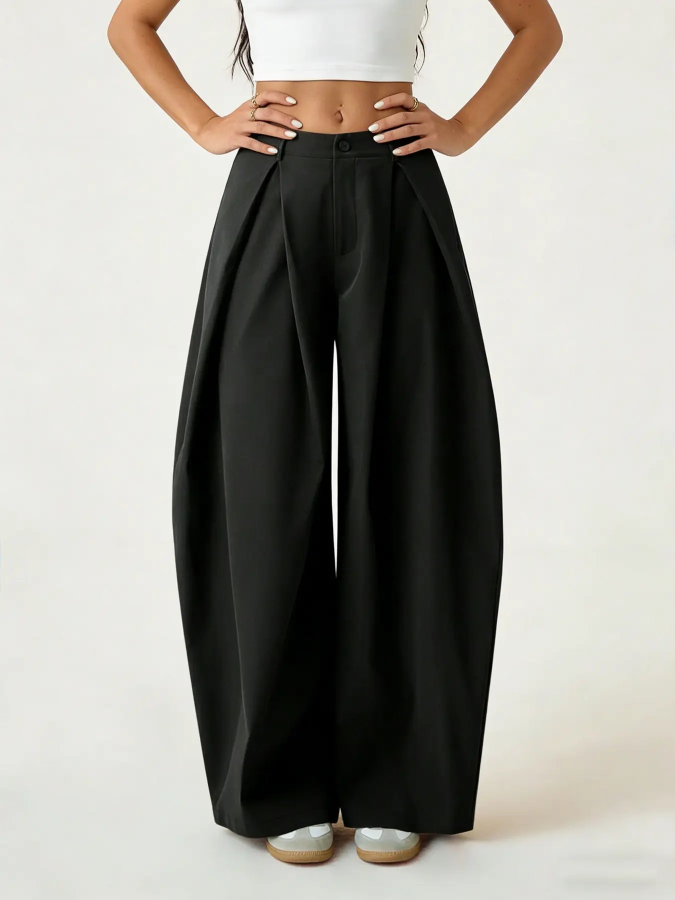 A women's casual, fashionable, business work clothes black wide leg suit pants, with a high waist and a slimming effect. The loose straight leg casual floor pants are suitable for all seasons, commuting, indoor and outdoor wear, Classic Office Wear