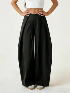 A women's casual and fashionable black wide leg suit pants, Slack Pants, with a high waist and a slimming effect. The loose straight leg casual floor pants are suitable for all seasons, commuting, indoor and outdoor wear