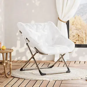 Folding Saucer Chairs for Adults Comfy Faux Fur Lazy Chair with Metal Frame 300 LB Capacity No Assembly Required for Bedroom Dorms Apartments White