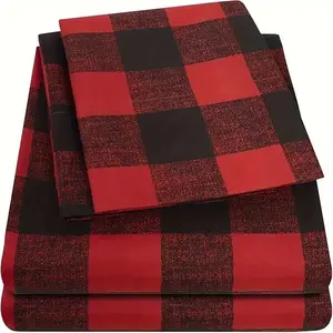 Buffalo Plaid Burgundy 3/4 Premium Bedding Set, Wrinkle-Resistant, Anti-Fade Bed Sheet Set, Deep Pocket Mattress Cover, Soft, Comfortable and Breathable for Bedroom