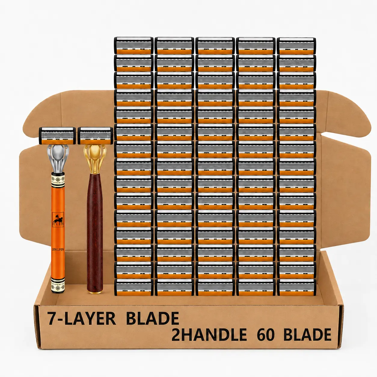 Men's Razor Set with 2 Wood-Grain Handles & 60 Refills, 6-Blade System for a Smooth Daily Shave, Grooming Gift for Men