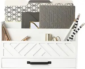 Mail Organizer Countertop Kitchen  White  Desk Storage with Drawer  Mail Sorter or Bill Holder for Desk  Farmhouse Accessories & Mail Basket for Counter