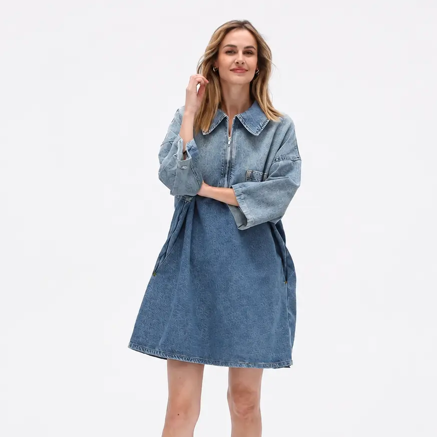EL ELENGATINE Women's Vintage Plain Half-Zip Denim Dress - Polyester-Blend Long-Sleeve Oversize Plus-Size Dress with 1 Chest Pocket, Cold-Wash Safe for Casual Street Chic Going Out Wear