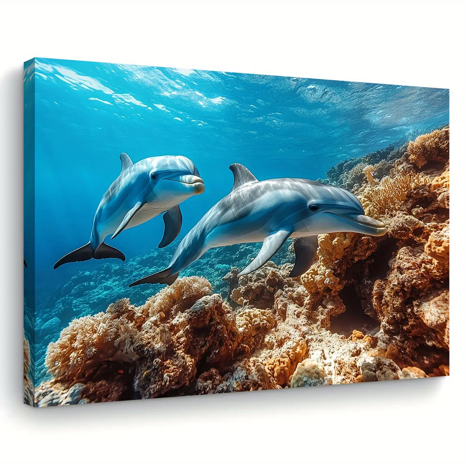 1pc 2D Corals and dolphins on the seabed canvas painting wrapped frame art, wall art print poster ready to hang decoration, modern simple office, living room, bedroom, bathroom decoration. Halloween, Christmas, housewarming gift, perfect room aesthet