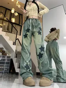 Women's Star Print Wide Leg Graphic Jeans, Casual Comfy Denim Trousers for Daily Wear, Ladies Bottoms for All Seasons