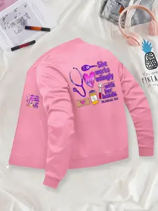 Women's Casual Zipper Jacket, She Works Willingly Graphic Print, Fitted Style, All Seasons Wear, Fashionable Ladies Outerwear