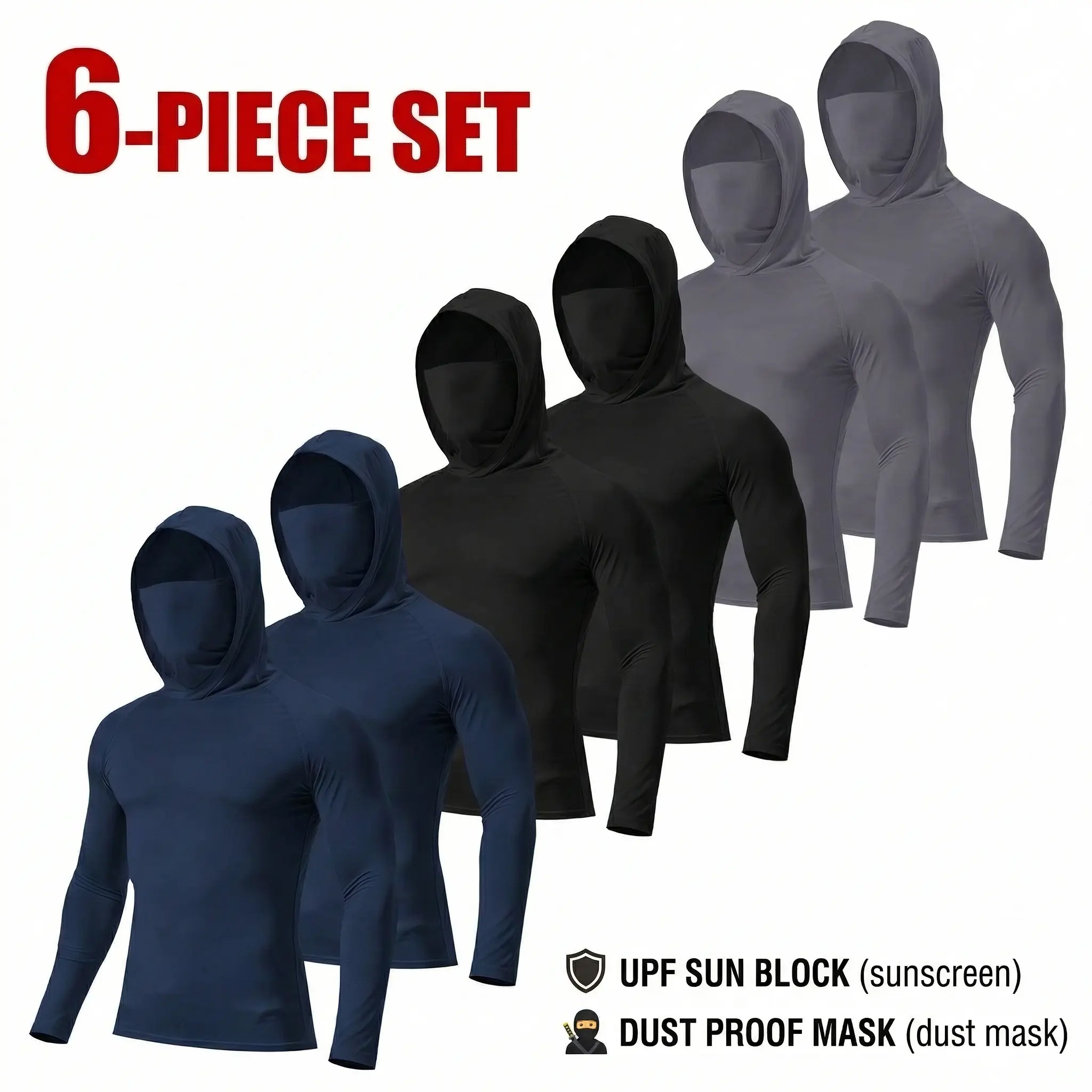 Set of 6 men’s hooded sweatshirts with a face mask design, made from high-elasticity, quick-drying, breathable fabric—ideal for outdoor fishing and running.