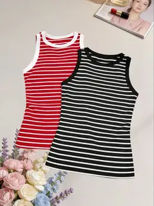 American Retro Striped Contrast Binding Sleeveless Vest for Women, Summer New Slim Fit Short Top Set, Casual Two-Piece
