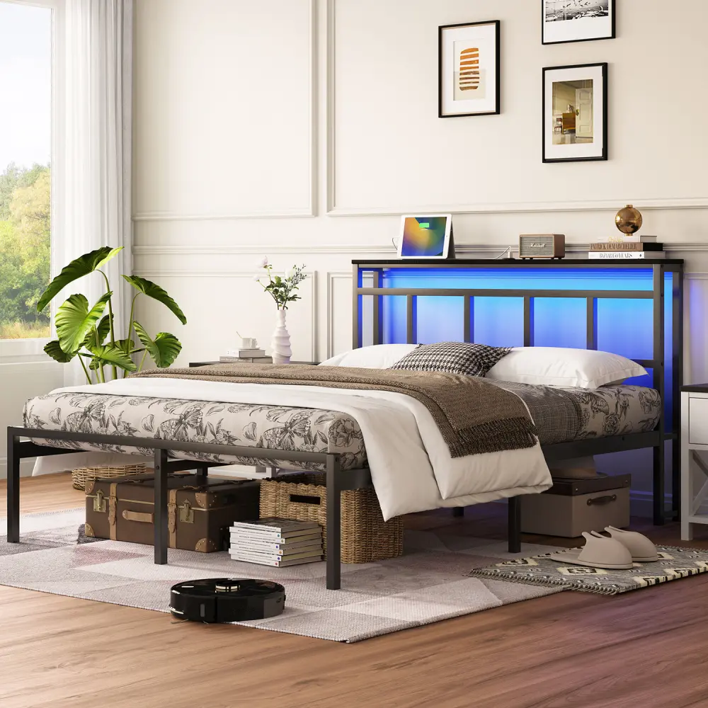 Black 14-Inch Sturdy Metal Platform Bed Frame (Twin/Full/Queen Sizes) with Storage Shelf Headboard, Type-C USB Charging Port, LED Light, Queen Bed Frame