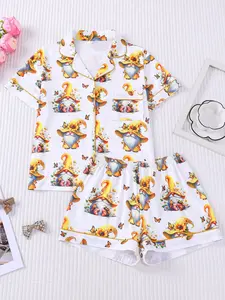 Women's 2-Piece Summer Sunflower Gnome Butterfly Print Short Sleeve Pajama Set, Pjs, Turn-Down Collar Button-Down Loungewear Set, Breathable Soft Fabric, Casual Wear for Home & Outings, Cute Cartoon Gnome Pattern
