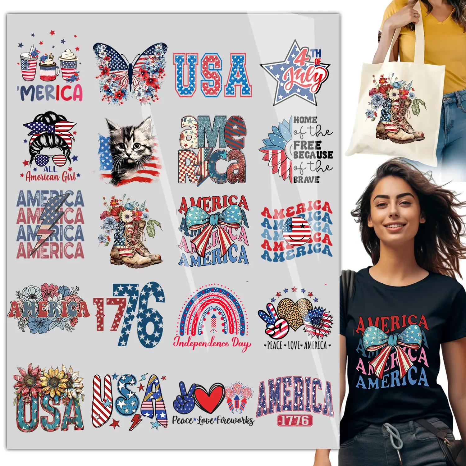 20PCS Patriotic DTF Heat Transfers for Clothing, 4th of July USA Ready to Press Transfer Designs, Independence Day Iron On Decals for T Shirts Tote Bags Sweatshirts
