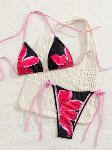 Two-Piece Floral Triangle Bikini Set, Bright and Fun, Adjustable Straps, Comfortable Fit, Women's Beach Pool Swimwear