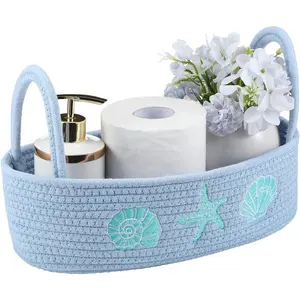 Ocean Woven Toilet Paper Basket Boho Coastal Cotton Rope Bathroom Countertop Organizer with Starfish Seashell Blue Bathroom Storage Decor for Toilet Closet Nursery Organizing, 13 x 6 x 4 Inch