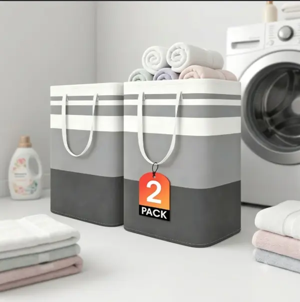 2 Pack Large Laundry Hamper 75L Collapsible Clothes Hamper Tall Waterproof Laundry Basket Stand Up Storage Bins with Long Handles for Bedroom Bathroom