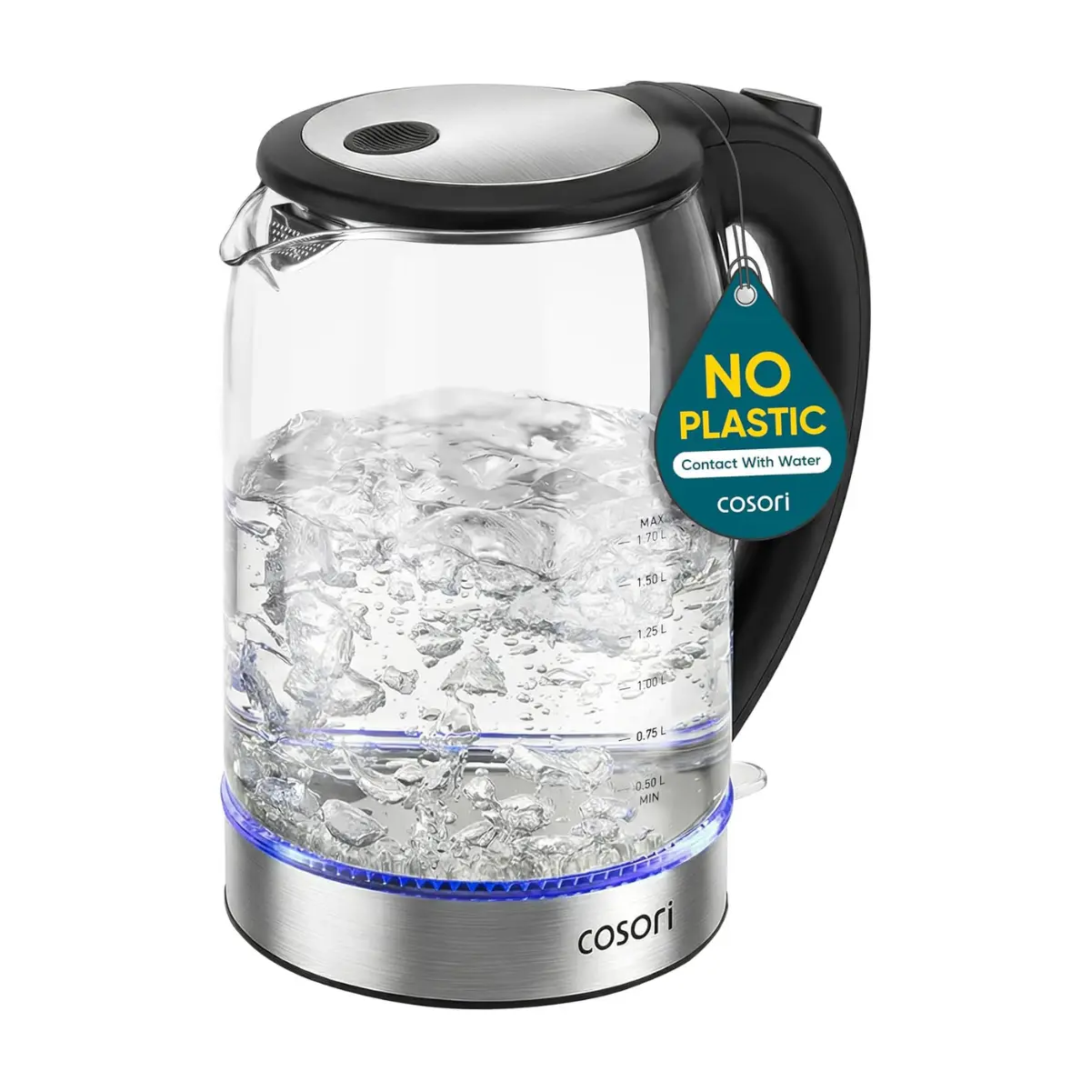 Cosori 1.7L Black Borosilicate Glass Electric Kettle - 1500W, No Plastic Water Contact, Wide Opening for Easy Cleaning, Auto Shut-Off, Boil-Dry Protection, Hot Water Boiler for Tea