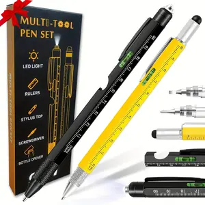 9-In-1 Multifunctional Rollerball Pen Set with LED Light, Touchscreen Stylus, Ruler, Level, Bottle Opener, Screwdriver, Ideal Gift for Men & Women