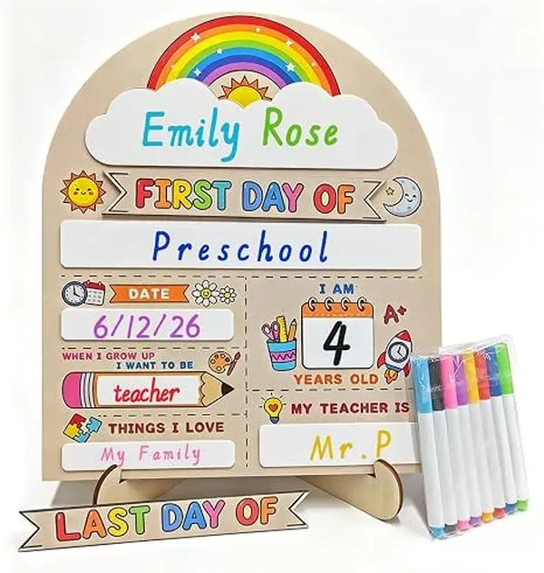 My First Day of School Sign 12"x10",Back to School Gifts,Reusable Back to Class Wooden Chalkboard for Preschool, Pre-K, and Kindergarten, Easy to Write & Clean Board (Rainbow)