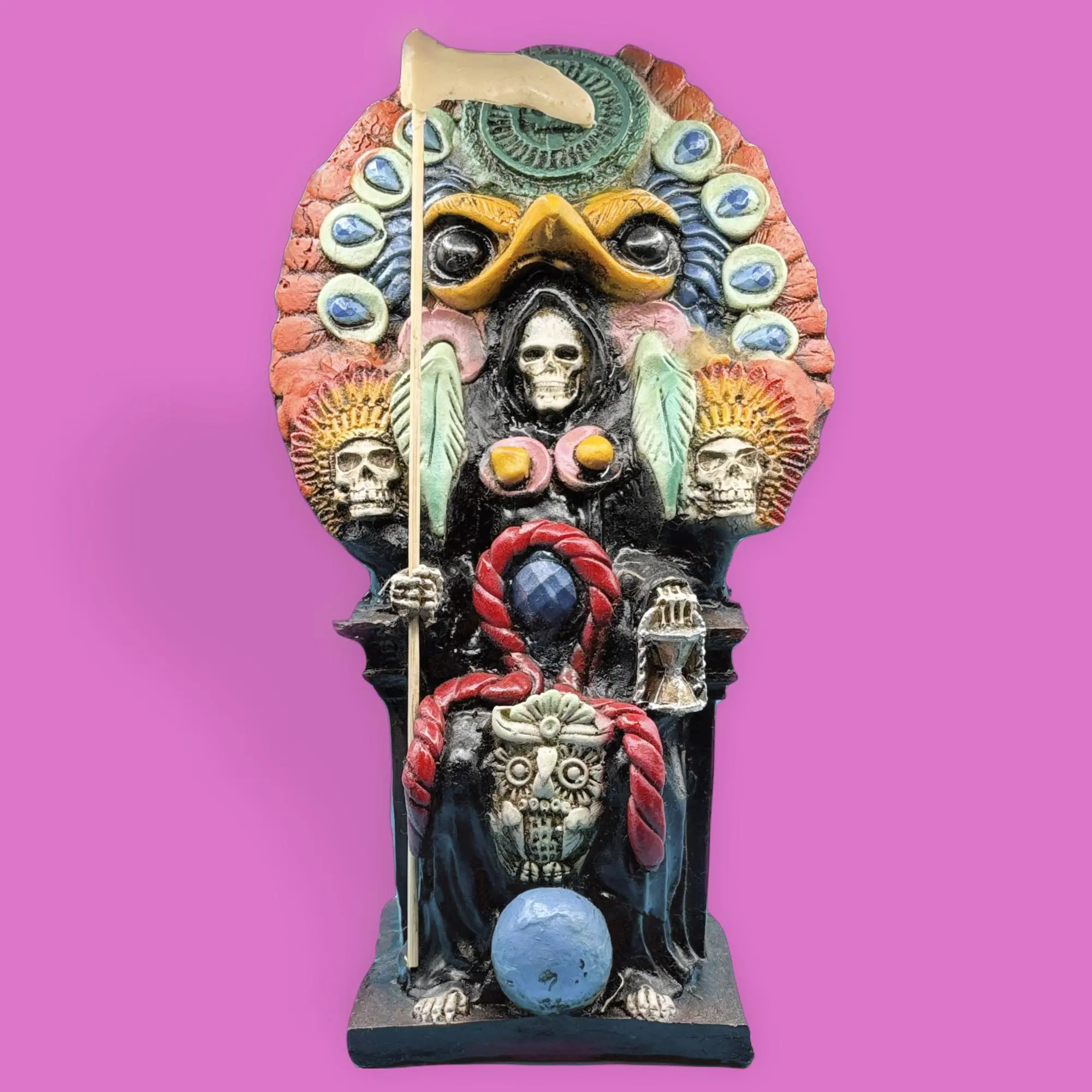 Santa Muerte statue 11 inch Penocha Aztec Black charged curada, Home Spiritual Decor, Decoration