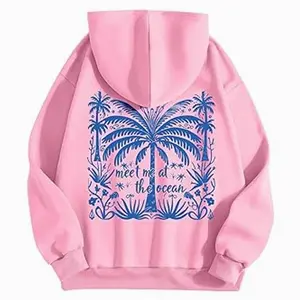 Adult & Youth Pink Palm Puff Hoodie for Women Knosfe Style, Y2K Letter Graphic Preppy Design, Trendy Cute Pullover, Soft Casual Streetwear for Everyday Wear