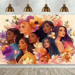 1PC Women's Multicultural Floral-Firework Print Polyester Banner - Reusable Tapestry Photo Backdrop, Party Decoration Supplies for Birthday Parties & Photography Props, Photo Backdrops