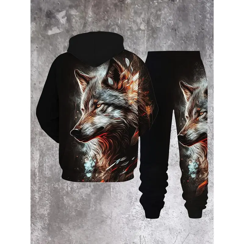 Men's wolf print hoodie and sweatpants set - casual streetwear, polyester blend, machine washable - perfect choice for spring and autumn seasons Men's wolf print hoodie and sweatpants set - casual streetwear, polyester blend, machine washable - perfect choice for spring and autumn seasons