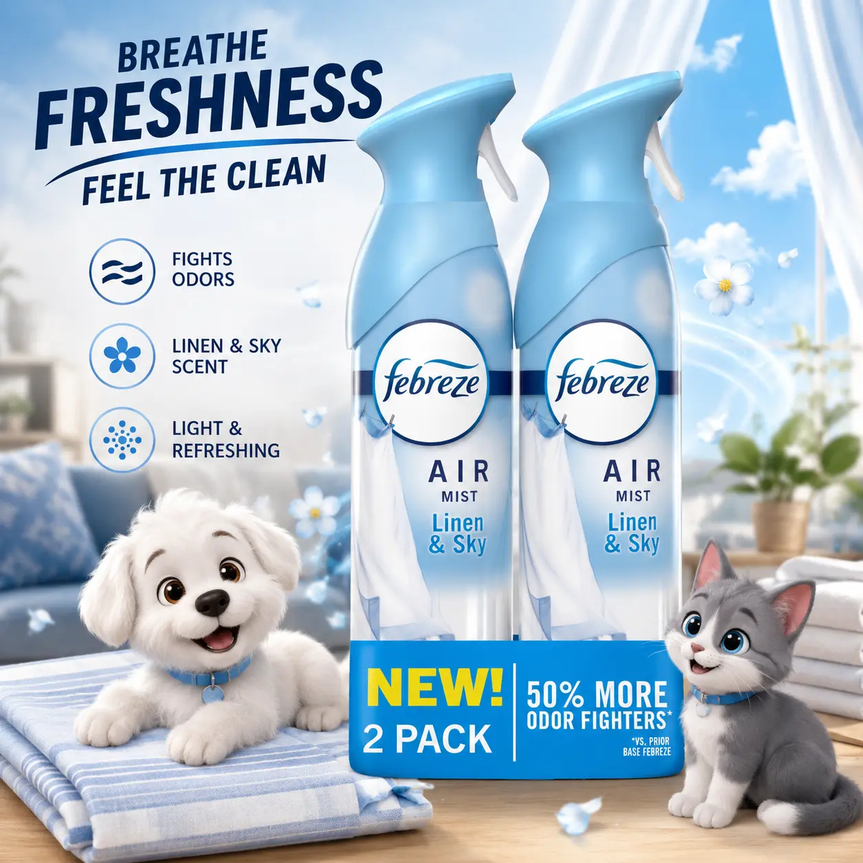 Febreze Air Mist, Air Freshener Spray, Odor Fighting Room Spray, Deodorizer for Home Bathroom Kitchen Office Apartment Dorm Room Classroom, Linen & Sky Scent, 8.1oz (Pack of 2)
