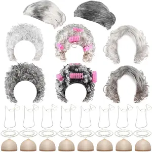 32 Pcs Old Lady Wig Costume for Women Old Grandma Granny Grandpa Wig for 100 Days of School Cosplay(Vivid,Classic)