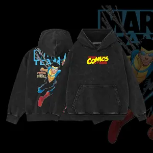 Superstyle MTU Spidey-Man vs Mark Grayson Invincible War Comic Hero MCU Comics Double Printed Oversize Lightweight Acid Washed Tee Hoodie TV Series Graphic Design Unisex Top Cotton Streetwear T-Shirt Hoodie Sweater Clothes Menswear