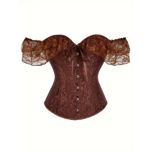 new Women'S Jacquard Lace Stitching Off Shoulder Lace Up Tummy Control Bustier Top Plus Size Court Style Corset