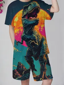 3D Dinosaur Pattern Short Sleeve Shorts Set, Summer Casual Fitted for School, Outdoor Beach, All Seasons